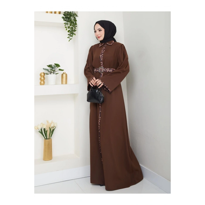 LEOPAR DETAYLI GÖMLEK YAKA ELBİSE LEOPAR KUŞAKLI FULL DÜĞME KAPAMA