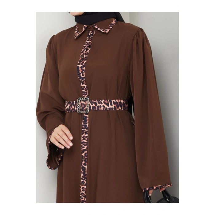 LEOPAR DETAYLI GÖMLEK YAKA ELBİSE LEOPAR KUŞAKLI FULL DÜĞME KAPAMA