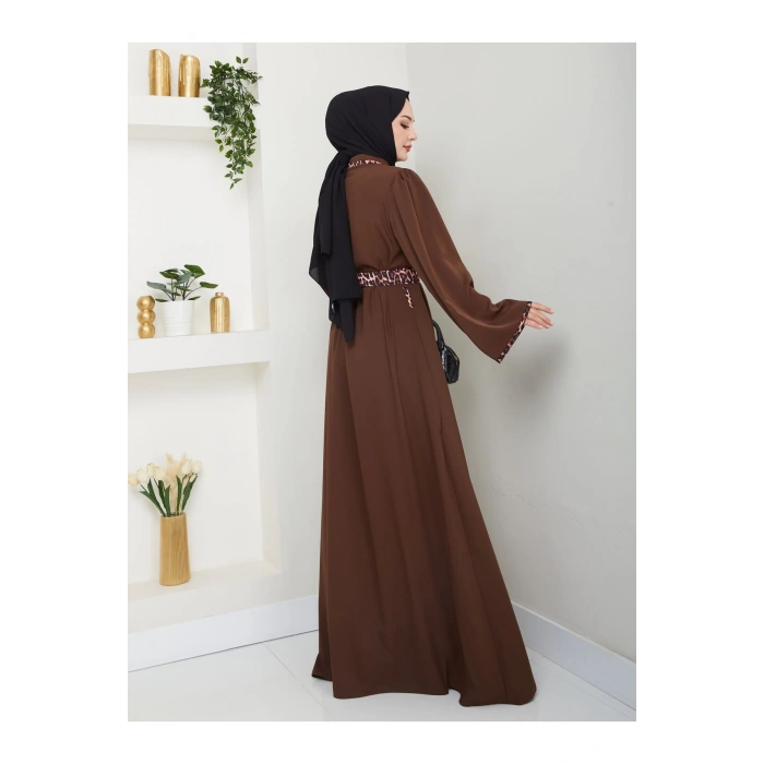 LEOPAR DETAYLI GÖMLEK YAKA ELBİSE LEOPAR KUŞAKLI FULL DÜĞME KAPAMA