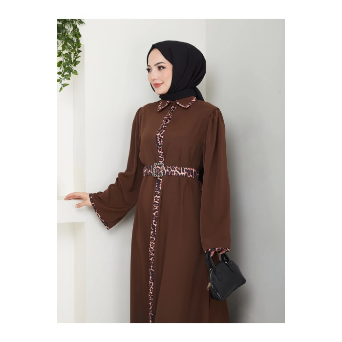 LEOPAR DETAYLI GÖMLEK YAKA ELBİSE LEOPAR KUŞAKLI FULL DÜĞME KAPAMA