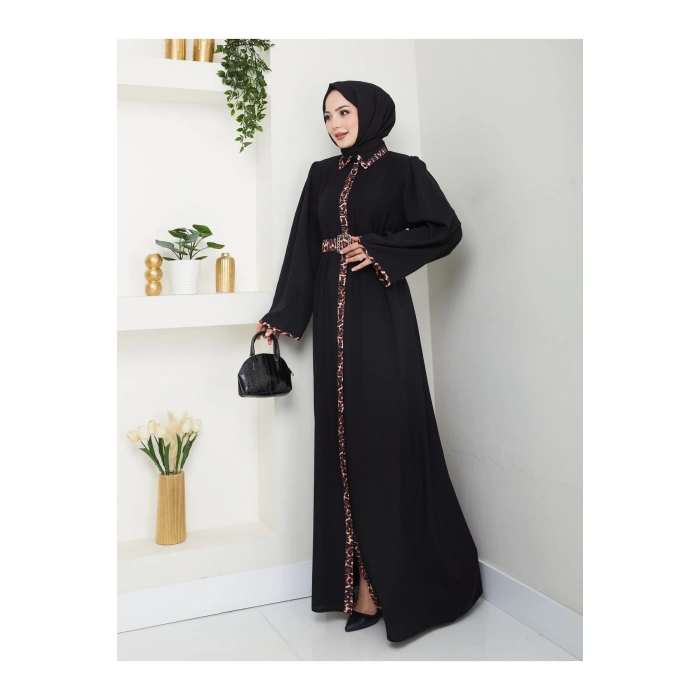 LEOPAR DETAYLI GÖMLEK YAKA ELBİSE LEOPAR KUŞAKLI FULL DÜĞME KAPAMA