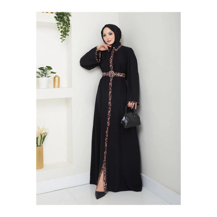 LEOPAR DETAYLI GÖMLEK YAKA ELBİSE LEOPAR KUŞAKLI FULL DÜĞME KAPAMA