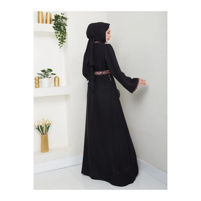 LEOPAR DETAYLI GÖMLEK YAKA ELBİSE LEOPAR KUŞAKLI FULL DÜĞME KAPAMA