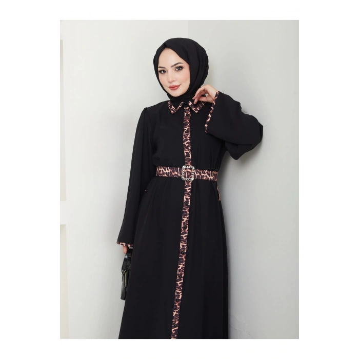 LEOPAR DETAYLI GÖMLEK YAKA ELBİSE LEOPAR KUŞAKLI FULL DÜĞME KAPAMA