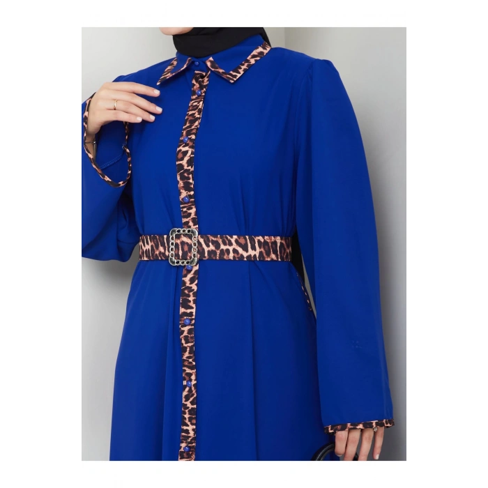 LEOPAR DETAYLI GÖMLEK YAKA ELBİSE LEOPAR KUŞAKLI FULL DÜĞME KAPAMA