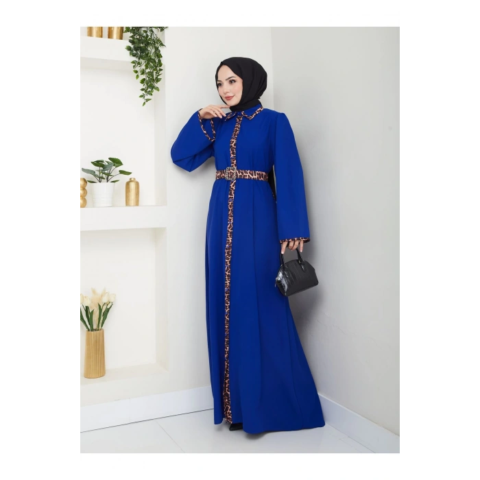 LEOPAR DETAYLI GÖMLEK YAKA ELBİSE LEOPAR KUŞAKLI FULL DÜĞME KAPAMA