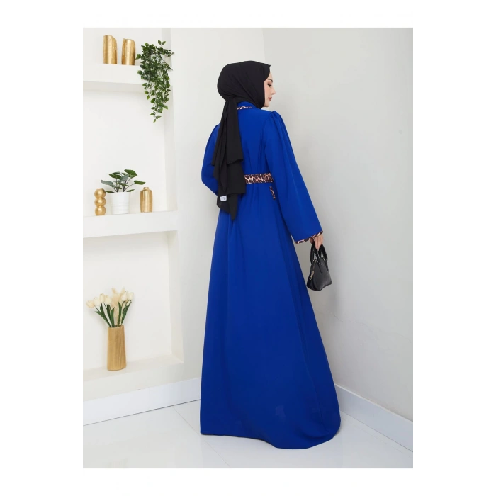 LEOPAR DETAYLI GÖMLEK YAKA ELBİSE LEOPAR KUŞAKLI FULL DÜĞME KAPAMA