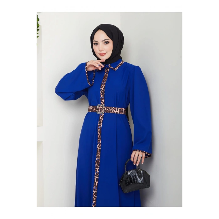 LEOPAR DETAYLI GÖMLEK YAKA ELBİSE LEOPAR KUŞAKLI FULL DÜĞME KAPAMA