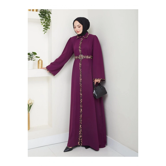 LEOPAR DETAYLI GÖMLEK YAKA ELBİSE LEOPAR KUŞAKLI FULL DÜĞME KAPAMA