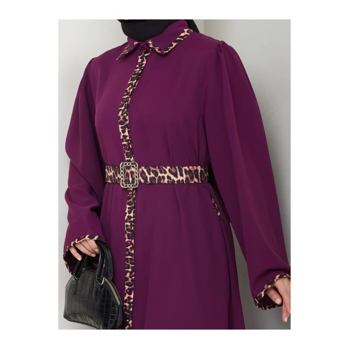 LEOPAR DETAYLI GÖMLEK YAKA ELBİSE LEOPAR KUŞAKLI FULL DÜĞME KAPAMA