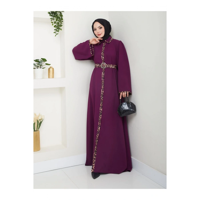 LEOPAR DETAYLI GÖMLEK YAKA ELBİSE LEOPAR KUŞAKLI FULL DÜĞME KAPAMA