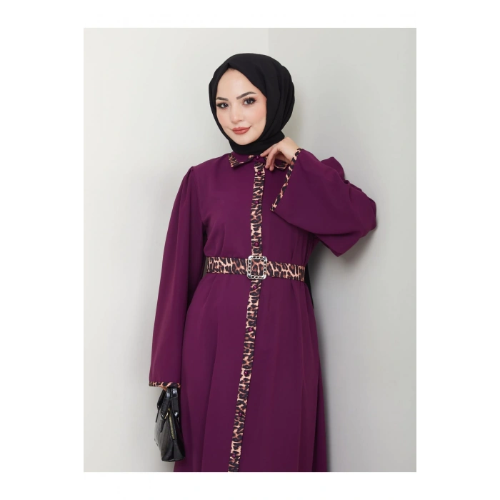 LEOPAR DETAYLI GÖMLEK YAKA ELBİSE LEOPAR KUŞAKLI FULL DÜĞME KAPAMA