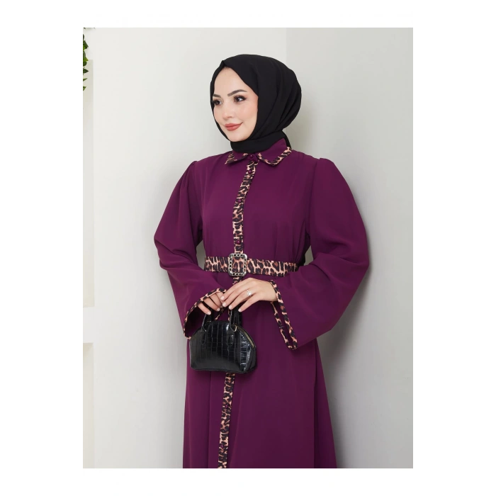 LEOPAR DETAYLI GÖMLEK YAKA ELBİSE LEOPAR KUŞAKLI FULL DÜĞME KAPAMA