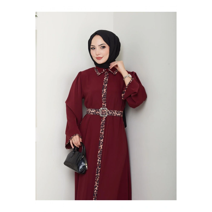 LEOPAR DETAYLI GÖMLEK YAKA ELBİSE LEOPAR KUŞAKLI FULL DÜĞME KAPAMA