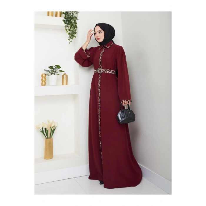 LEOPAR DETAYLI GÖMLEK YAKA ELBİSE LEOPAR KUŞAKLI FULL DÜĞME KAPAMA