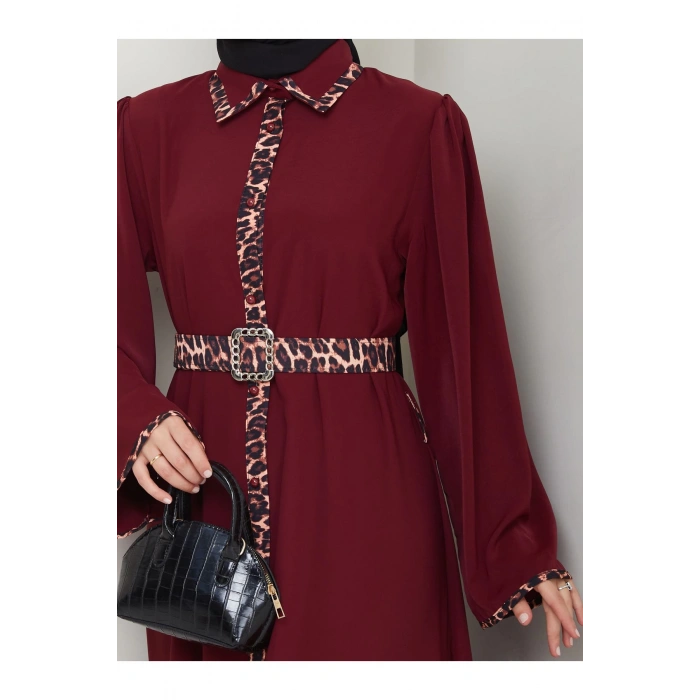 LEOPAR DETAYLI GÖMLEK YAKA ELBİSE LEOPAR KUŞAKLI FULL DÜĞME KAPAMA