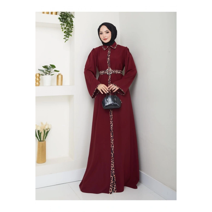 LEOPAR DETAYLI GÖMLEK YAKA ELBİSE LEOPAR KUŞAKLI FULL DÜĞME KAPAMA