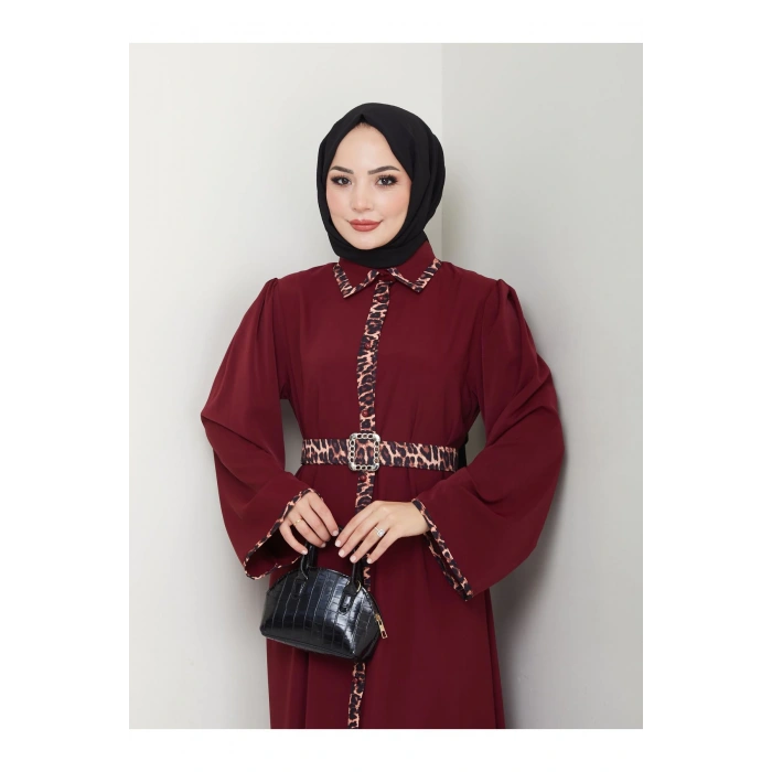 LEOPAR DETAYLI GÖMLEK YAKA ELBİSE LEOPAR KUŞAKLI FULL DÜĞME KAPAMA