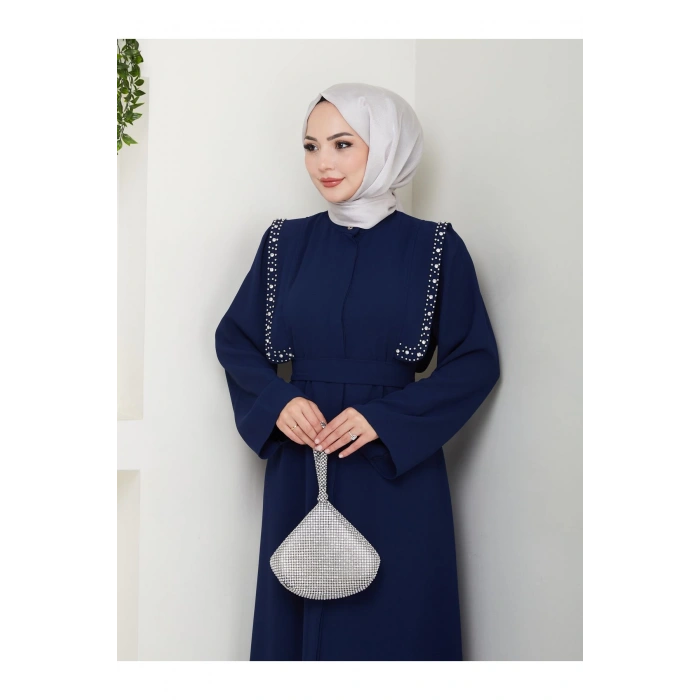 Taşli Abaya Tesettür Giyim Kadin Ferace Elbise Siyah