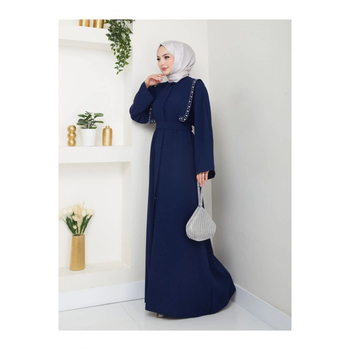 Taşli Abaya Tesettür Giyim Kadin Ferace Elbise Siyah