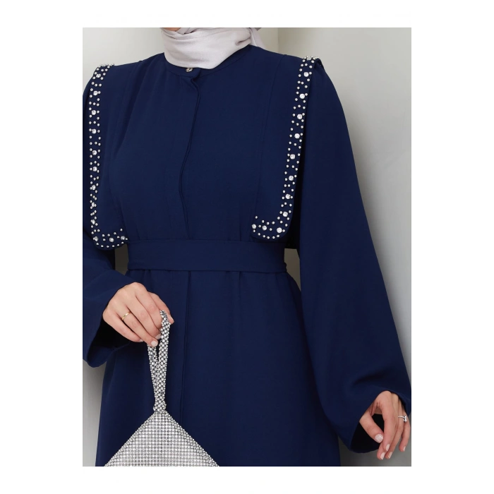 Taşli Abaya Tesettür Giyim Kadin Ferace Elbise Siyah