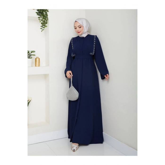 Taşli Abaya Tesettür Giyim Kadin Ferace Elbise Siyah