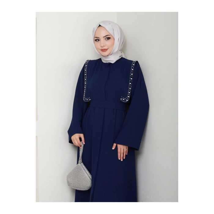 Taşli Abaya Tesettür Giyim Kadin Ferace Elbise Siyah