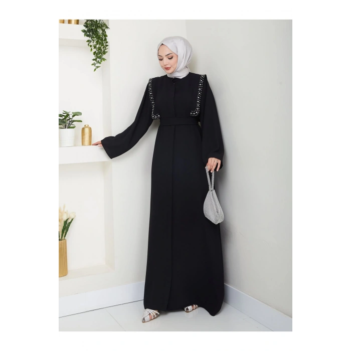 Taşli Abaya Tesettür Giyim Kadin Ferace Elbise Siyah