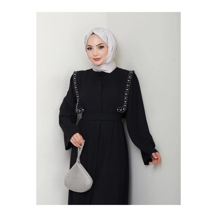 Taşli Abaya Tesettür Giyim Kadin Ferace Elbise Siyah