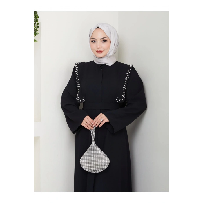 Taşli Abaya Tesettür Giyim Kadin Ferace Elbise Siyah