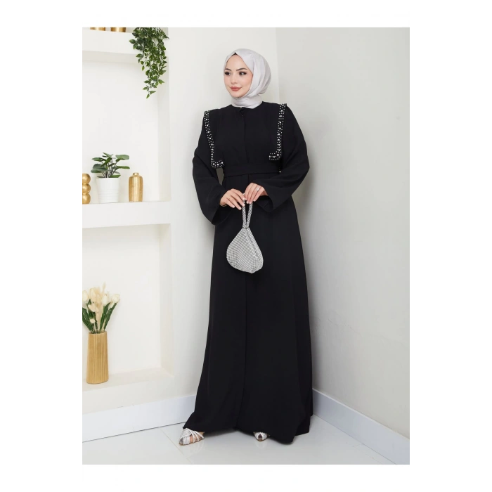 Taşli Abaya Tesettür Giyim Kadin Ferace Elbise Siyah