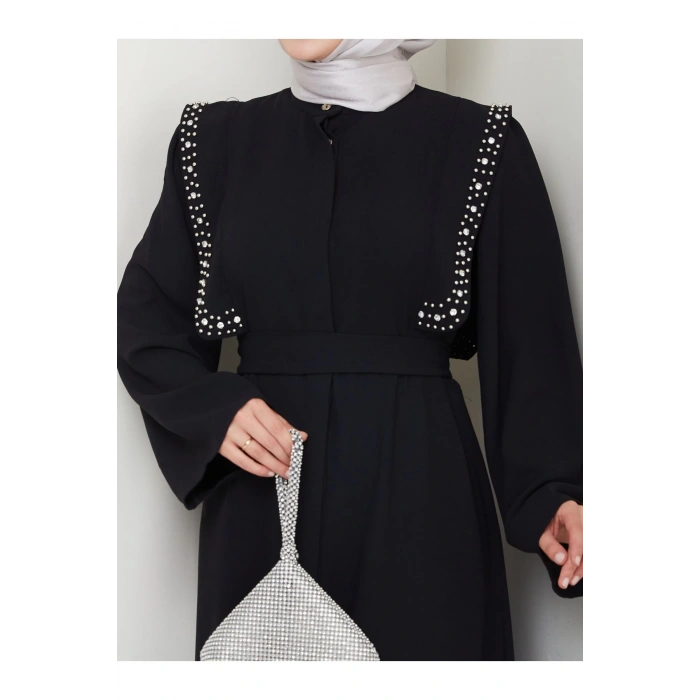 Taşli Abaya Tesettür Giyim Kadin Ferace Elbise Siyah
