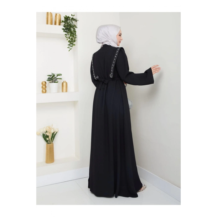 Taşli Abaya Tesettür Giyim Kadin Ferace Elbise Siyah