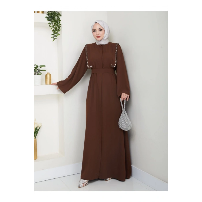 Taşli Abaya Tesettür Giyim Kadin Ferace Elbise Siyah