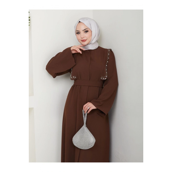 Taşli Abaya Tesettür Giyim Kadin Ferace Elbise Siyah