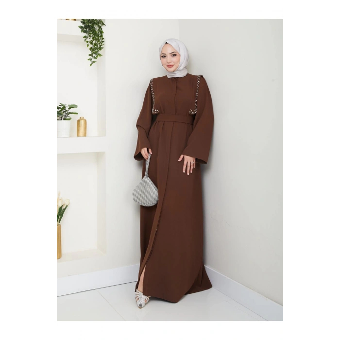 Taşli Abaya Tesettür Giyim Kadin Ferace Elbise Siyah