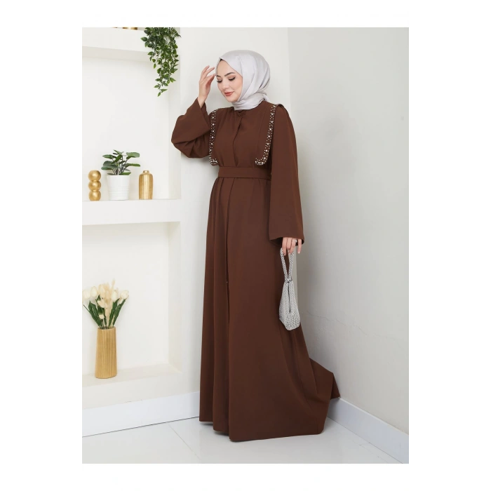 Taşli Abaya Tesettür Giyim Kadin Ferace Elbise Siyah