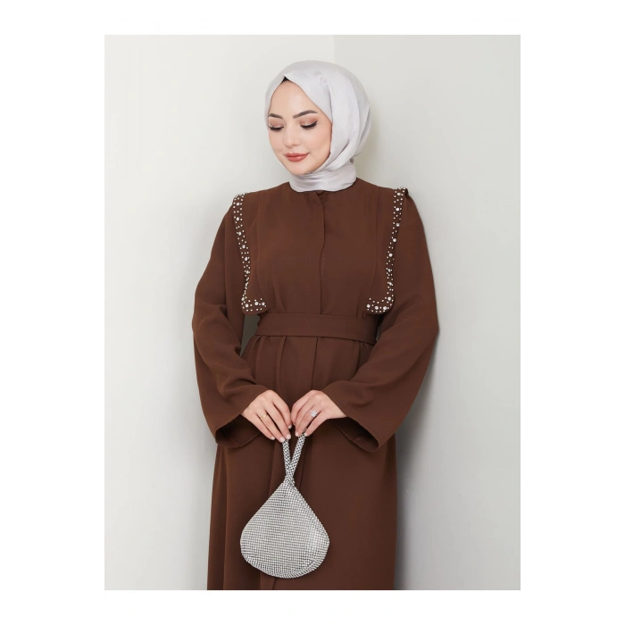 Taşli Abaya Tesettür Giyim Kadin Ferace Elbise Siyah