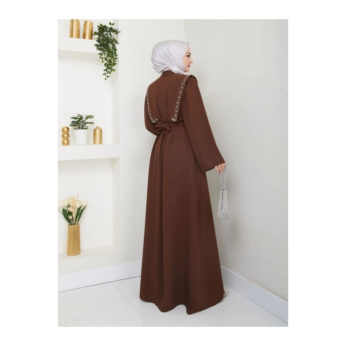 Taşli Abaya Tesettür Giyim Kadin Ferace Elbise Siyah