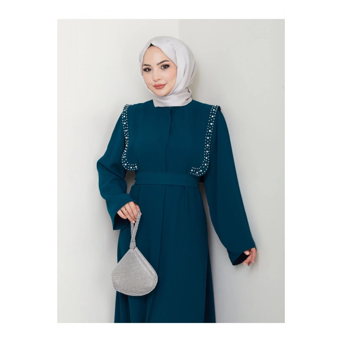 Taşli Abaya Tesettür Giyim Kadin Ferace Elbise Siyah