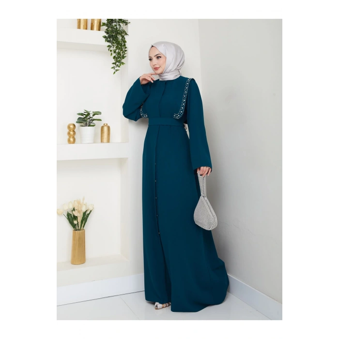 Taşli Abaya Tesettür Giyim Kadin Ferace Elbise Siyah