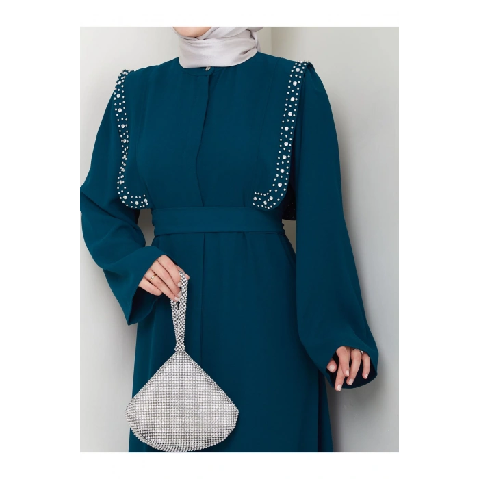 Taşli Abaya Tesettür Giyim Kadin Ferace Elbise Siyah