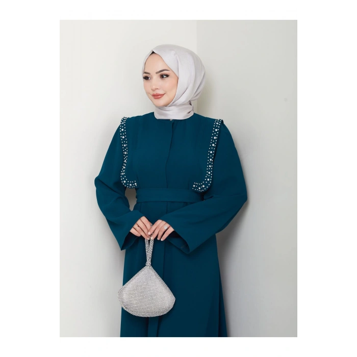 Taşli Abaya Tesettür Giyim Kadin Ferace Elbise Siyah