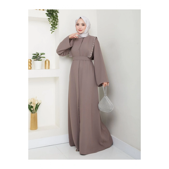 Taşli Abaya Tesettür Giyim Kadin Ferace Elbise Siyah