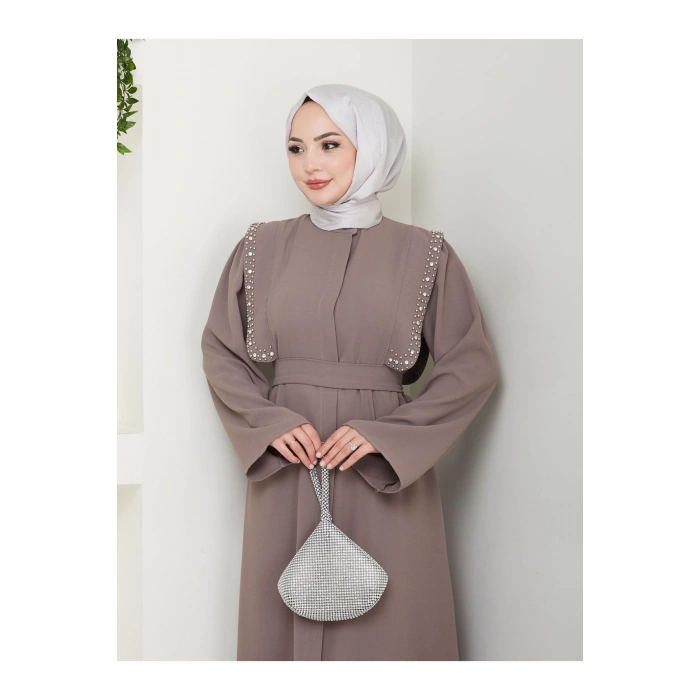 Taşli Abaya Tesettür Giyim Kadin Ferace Elbise Siyah