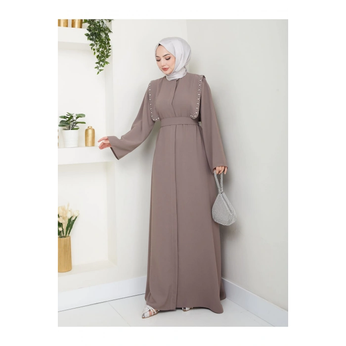 Taşli Abaya Tesettür Giyim Kadin Ferace Elbise Siyah