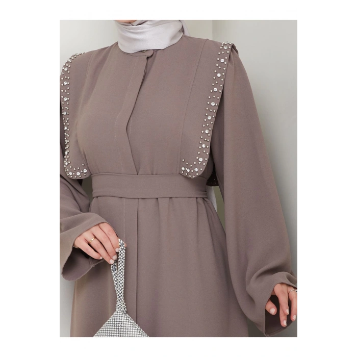 Taşli Abaya Tesettür Giyim Kadin Ferace Elbise Siyah