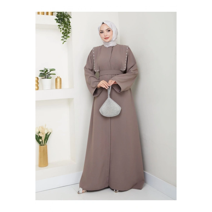 Taşli Abaya Tesettür Giyim Kadin Ferace Elbise Siyah