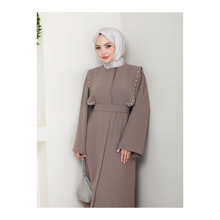 Taşli Abaya Tesettür Giyim Kadin Ferace Elbise Siyah