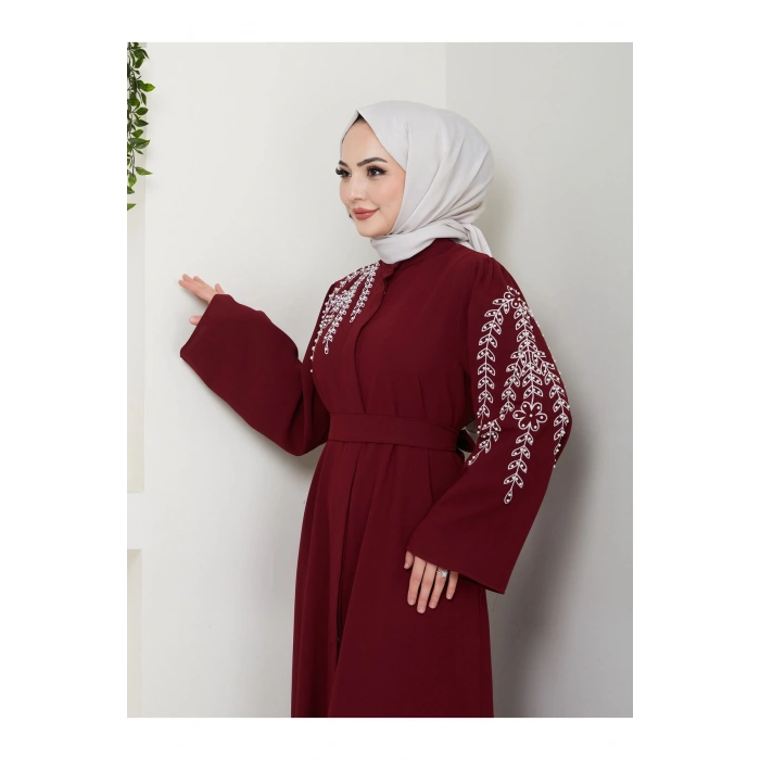 Taşli Abaya Tesettür Gıyım Kadın Ferace Elbıse Bordo